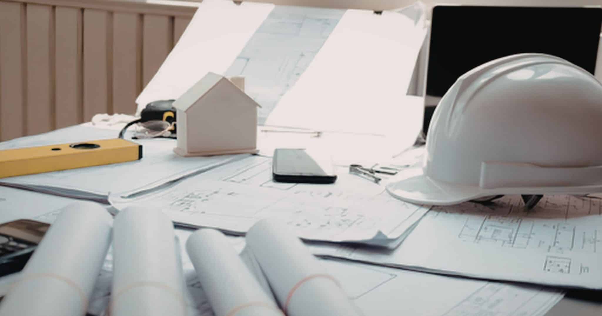 Plans d’exécution étalés et roulés sur une table de bureau avec un casque de chantier, un niveau et une maquette de maison, les pièces qui alimentent le dossier d’intervention ultérieure